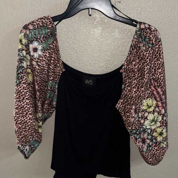 W5 Black Top with Floral and Animal Print Sleeves - Picture 1 of 4